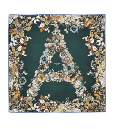Aspinal Of London Silk Floral Monogram Scarf In Green