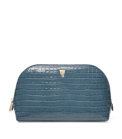 Aspinal Of London Small Leather Croc-embossed Cosmetic Case In Blue
