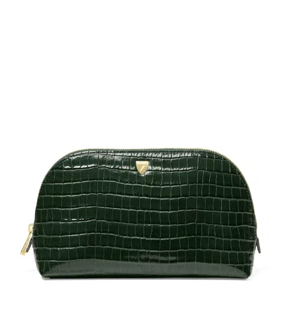 Aspinal Of London Small Leather Croc-embossed Cosmetic Case In Green