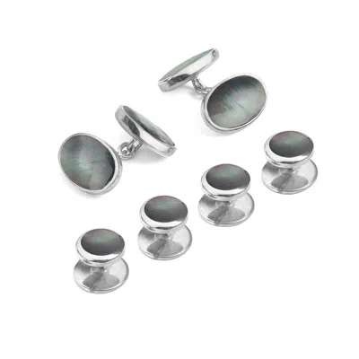 Aspinal Of London Sterling Silver & Black Mother Of Pearl Oval Cufflinks & Dress Shirt Studs Set