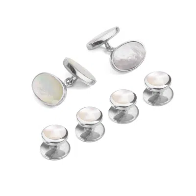Aspinal Of London Sterling Silver & Mother Of Pearl Oval Cufflinks & Dress Shirt Studs Set
