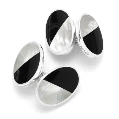 Aspinal Of London Sterling Silver Black Onyx & Mother Of Pearl Oval Bicolour Cufflinks