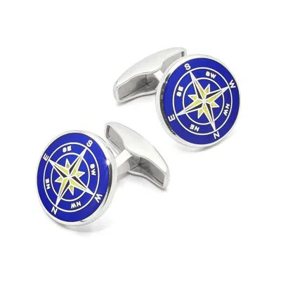 Aspinal Of London Sterling Silver Compass Rose Cufflinks In Blue