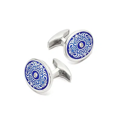 Aspinal Of London Sterling Silver Engraved Enamel & Diamond Cufflinks In Blue
