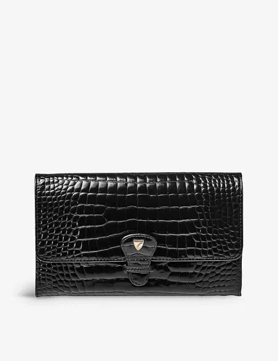 Aspinal Of London Womens Black Removable-insert Patent Crocodile-embossed Leather Travel Wallet