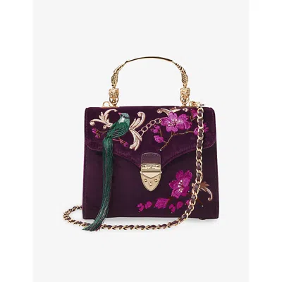 Aspinal Of London Womens Cassis Mayfair Midi Flower-embroidered Leather Shoulder Bag In Purple