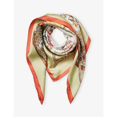 Aspinal Of London Womens Coral Edwardian Garden Printed Silk Scarf In Green