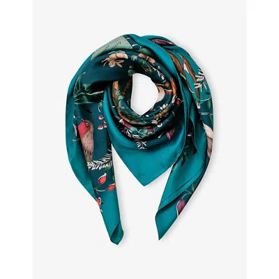 Aspinal Of London Womens Peacock Woodland Silk Scarf In Blue