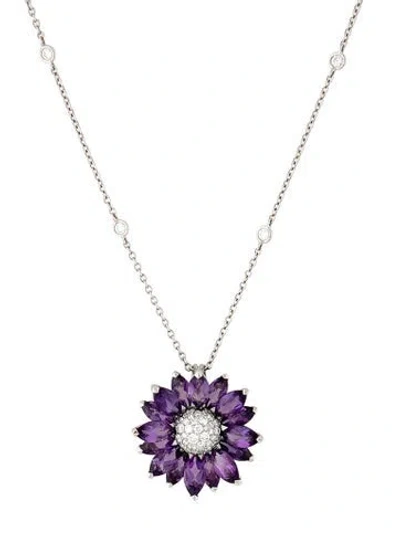 Pre-owned Asprey 18k Amethyst & Diamond Daisy Pendant Necklace, 18" In Multicolor