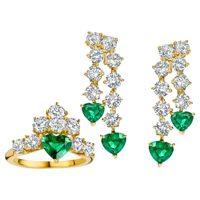 Pre-owned Asprey 18kt Yellow Gold  Genève Set Clip On Earrings & Ring Emeralds, Diamonds