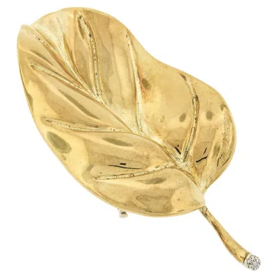 Pre-owned Asprey Italian Made 18k Gold Large Polished 3d Leaf Pin Brooch W/ Diamond Stem In Multi