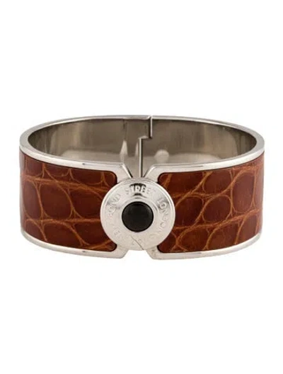 Pre-owned Asprey Stone & Crocodile Leather Button Cuff Bracelet, 6.5" In Brown