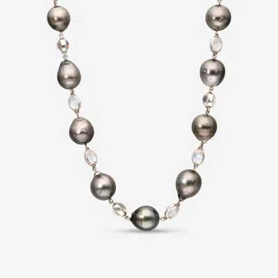 Assael 18k White Gold, Tahitian Natural Color Cultured Pearl And Moonstone Strand Necklace N4450 In Metallic