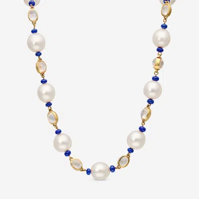 Assael 18k Yellow Gold, South Sea Cultured Pearl And Sapphire 21.14ct. Tw. Station Necklace N4509 In Blue