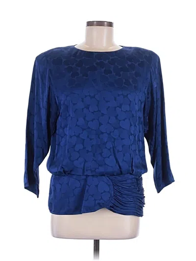 Pre-owned Assorted Brands 3/4 Sleeve Silk Top Blue Hearts Pattern Crew Neck Tops