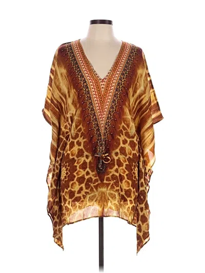 Pre-owned Assorted Brands 3/4 Sleeve Silk Top Brown Plunge Neckline Tops