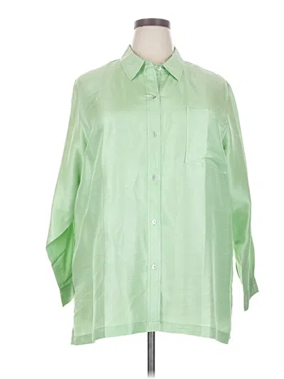 Pre-owned Assorted Brands 3/4 Sleeve Silk Top Green Solid Pattern Collared Neckline Tops