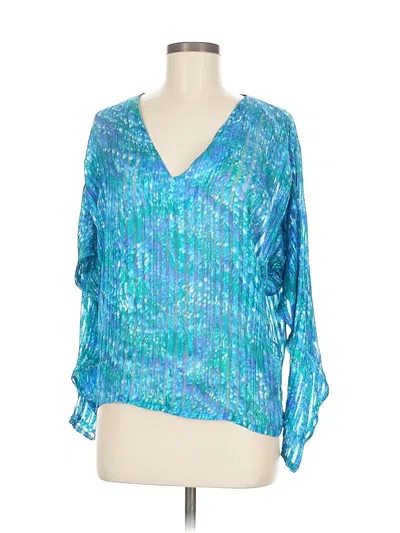 Pre-owned Assorted Brands 3/4 Sleeve Silk Top Teal V Neck Tops In Blue