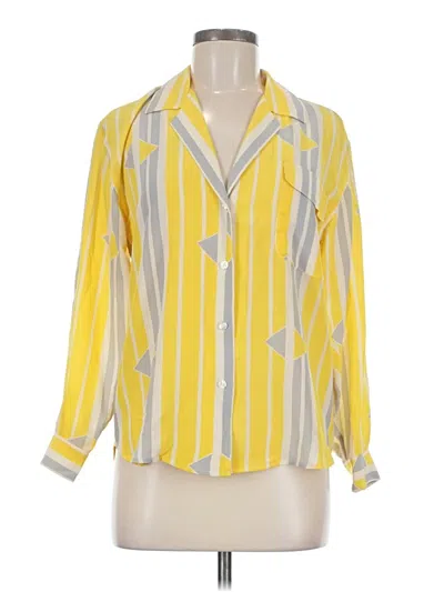 Pre-owned Assorted Brands 3/4 Sleeve Silk Top Yellow Stripes Pattern Square Neckline Tops