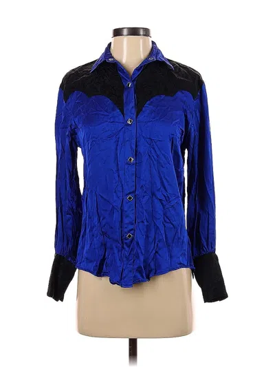 Pre-owned Assorted Brands Long Sleeve Silk Top Blue Color Block Pattern Collared Neckline Tops