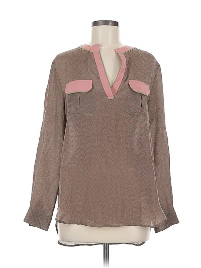 Pre-owned Assorted Brands Long Sleeve Silk Top Brown Collared Neckline Tops