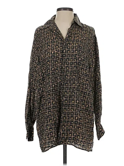 Pre-owned Assorted Brands Long Sleeve Silk Top Brown Print Pattern Collared Neckline Tops