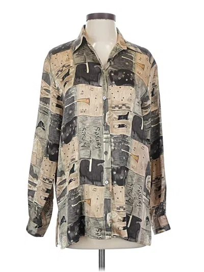 Pre-owned Assorted Brands Long Sleeve Silk Top Gray Print Pattern Square Neckline Tops