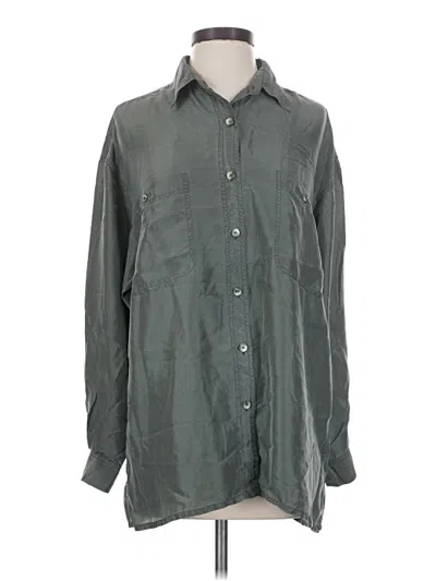Pre-owned Assorted Brands Long Sleeve Silk Top Gray Solid Pattern Collared Neckline Tops