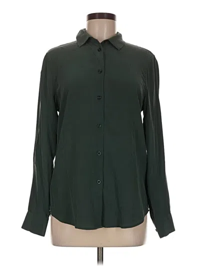 Pre-owned Assorted Brands Long Sleeve Silk Top Green Solid Pattern Mock Neckline Tops