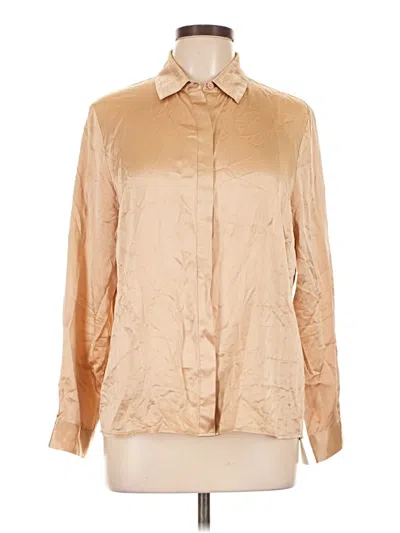 Pre-owned Assorted Brands Long Sleeve Silk Top Tan Metallic Pattern Mock Neckline Tops