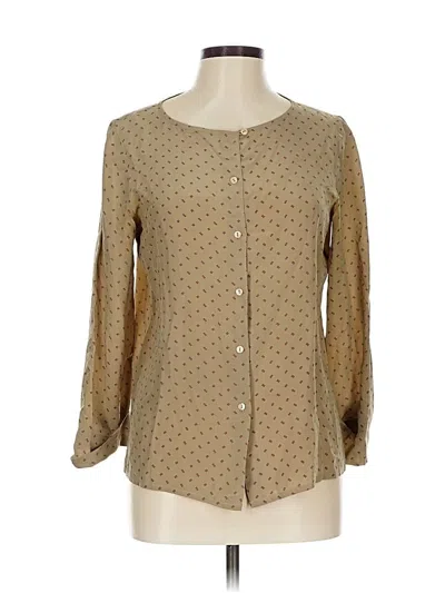 Pre-owned Assorted Brands Long Sleeve Silk Top Tan Polka Dots Pattern Square Neckline Tops In Brown