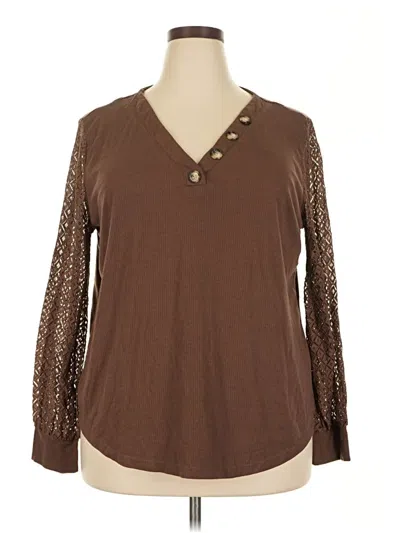 Pre-owned Assorted Brands Long Sleeve Top Brown V-neck Tops