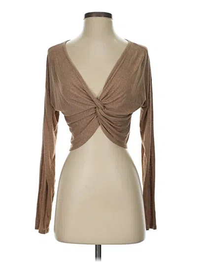 Pre-owned Assorted Brands Long Sleeve Top Tan Plunge Neckline Tops In Brown