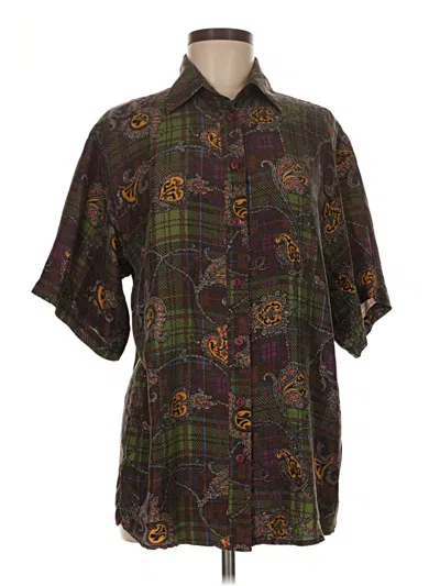 Pre-owned Assorted Brands Short Sleeve Silk Top Brown Paisley Pattern Collared Neckline Tops