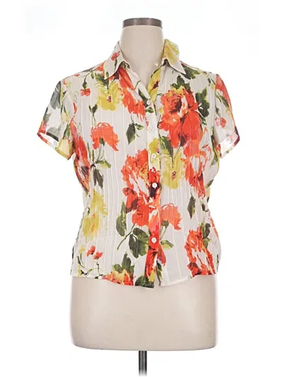 Pre-owned Assorted Brands Short Sleeve Silk Top Ivory Floral Pattern Open Neckline Tops