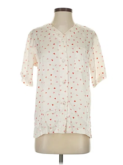 Pre-owned Assorted Brands Short Sleeve Silk Top Ivory Stars Pattern V Neck Tops In White