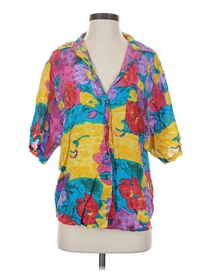 Pre-owned Assorted Brands Short Sleeve Silk Top Yellow Color Block Pattern Plunge Neckline Tops