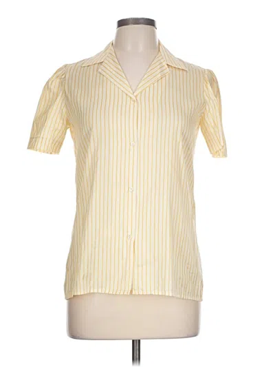 Pre-owned Assorted Brands Short Sleeve Silk Top Yellow Stripes Pattern V-neck Tops
