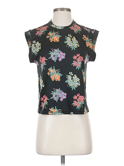 Pre-owned Assorted Brands Short Sleeve Top Black Floral Pattern Mock Neckline Tops