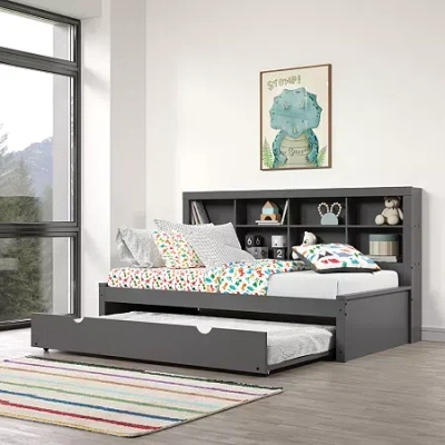 Asstd National Brand Bookcase Twin Daybed With Twin Trundle In Gray