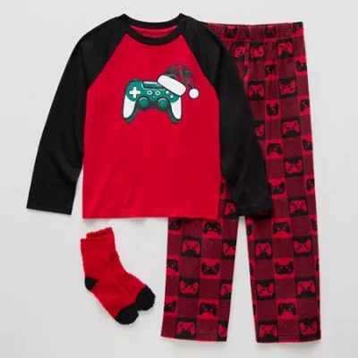 Asstd National Brand Little & Big Kid Boys Microfleece Crew Neck Long Sleeve 3-pc. Pajama Set In Red