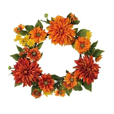 Asstd National Brand Mums And Daisies Twig Artificial Floral Wreath Orange 22-inch