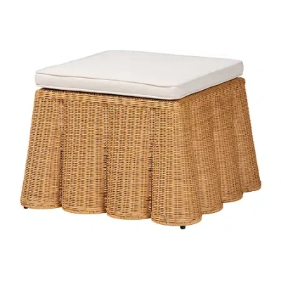 Asstd National Brand Palm Scalloped Rattan Ottoman In Light Honey With Removable Cushion In Sand