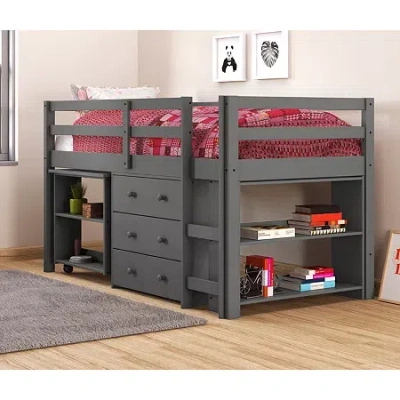 Asstd National Brand Pull Out Study Twin Low Loft Bed In Gray