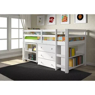 Asstd National Brand Pull Out Study Twin Low Loft Bed In White