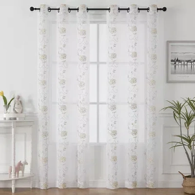 Asstd National Brand Runyan Embroidered Grommet Top Sheer Set Of 2 Curtain Panel In Sand