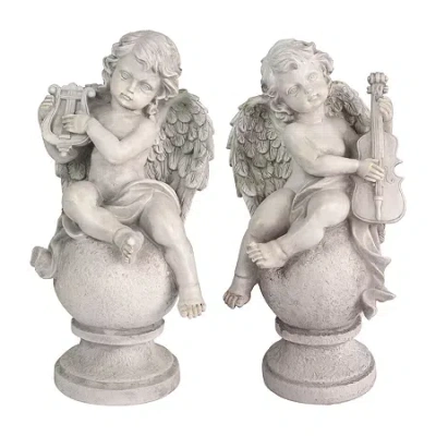 Asstd National Brand Set Of 2 Cherub Angels With Violin And Harp On Finials Outdoor Garden Statues 15.25" In Gray