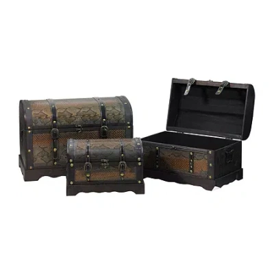 Asstd National Brand Set Of 3 Decorative Antique Brown Wood And Faux Snakeskin Storage Boxes 22.5"