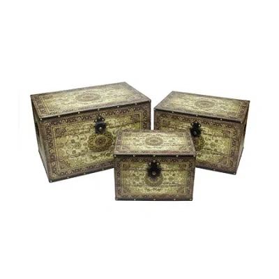 Asstd National Brand Set Of 3 Oriental-style Brown And Cream Earth Tone Decorative Wooden Storage Boxes 22"