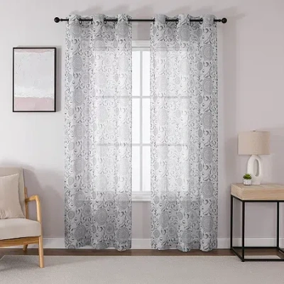 Asstd National Brand Toronto Printed Grommet Top Sheer Set Of 2 Curtain Panel In Silver